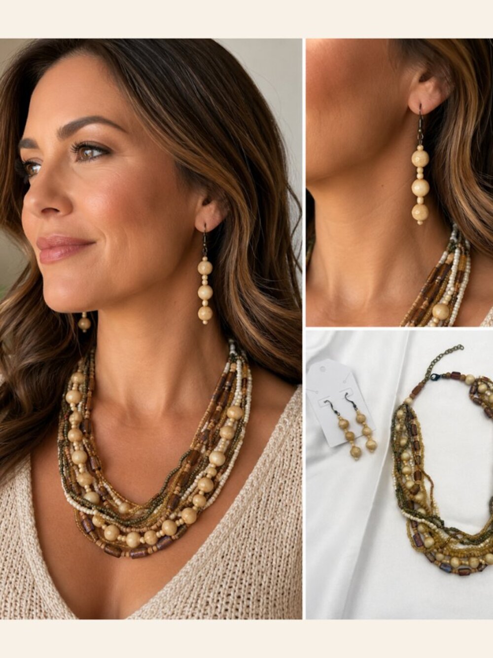 Boho Multi Strand Beaded Necklace & Matching Drop Earrings Set